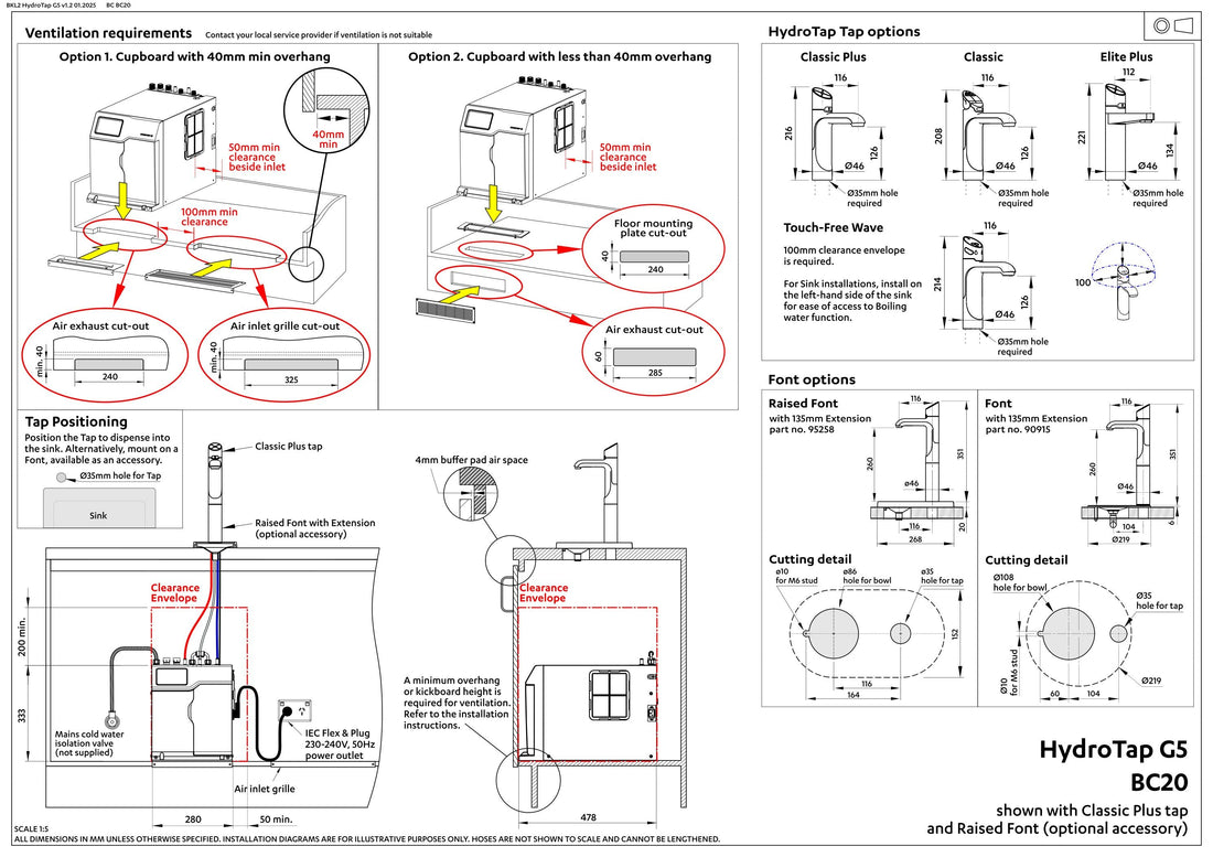 Zip Commercial HydroTap G5 Classic Boiling & Chilled Tap 100/75 - Brushed Chrome H51702Z01AU installation layout and clearances