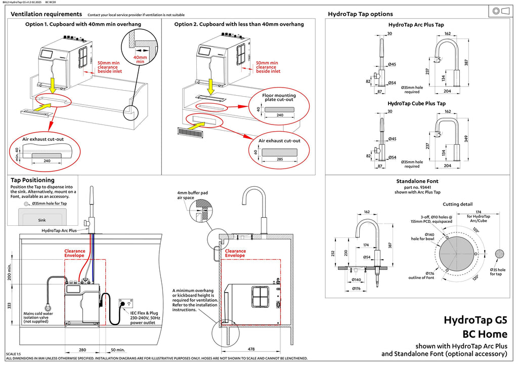 Zip HydroTap G5 Arc Plus Boiling & Chilled - Brushed Chrome H5L784Z01AU — installation dimensions and clearances
