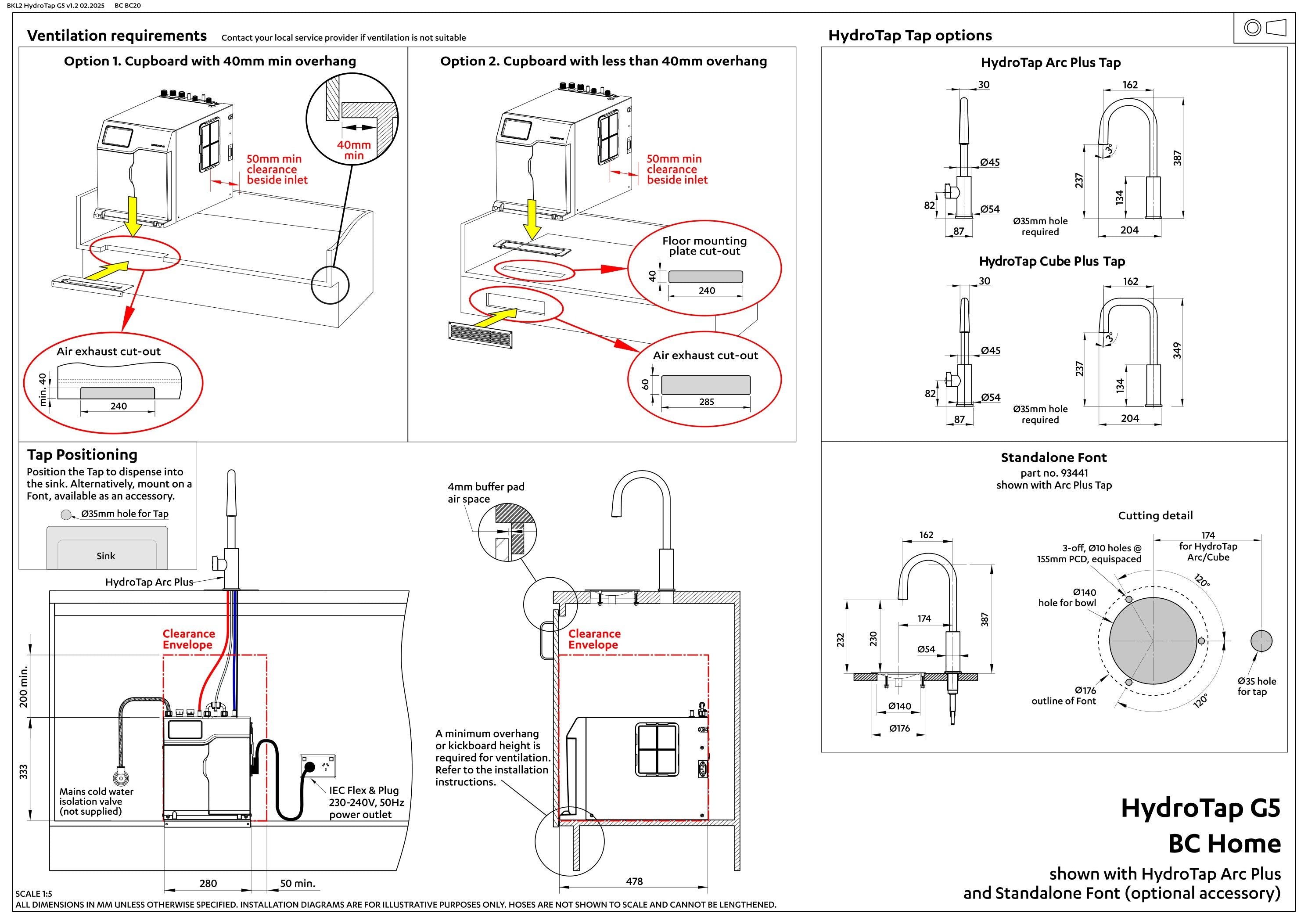 Zip Hydrotap G5 Cube Plus Boiling & Chilled - Chrome H5C784Z00AU — installation dimensions and clearances
