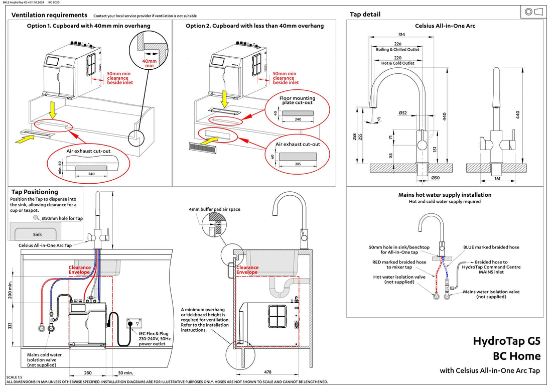 Zip Hydrotap G5 BCHA Celsius All-in-one ARC - Brushed Nickel - H57784Z11AU installation layout and clearances