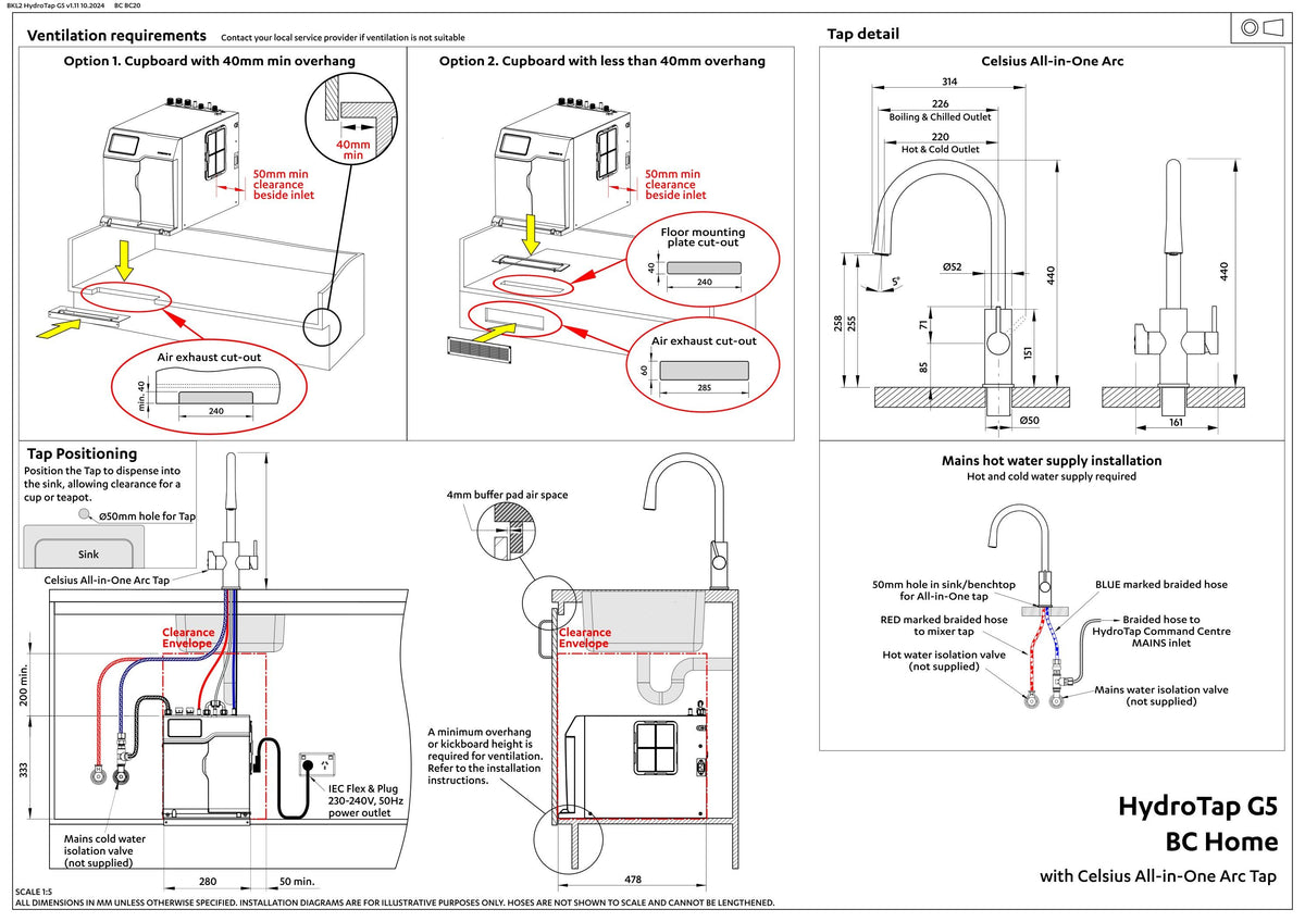 Zip Hydrotap G5 BCHA Celsius All-in-one ARC - Brushed Nickel - H57784Z11AU — installation dimensions and clearances