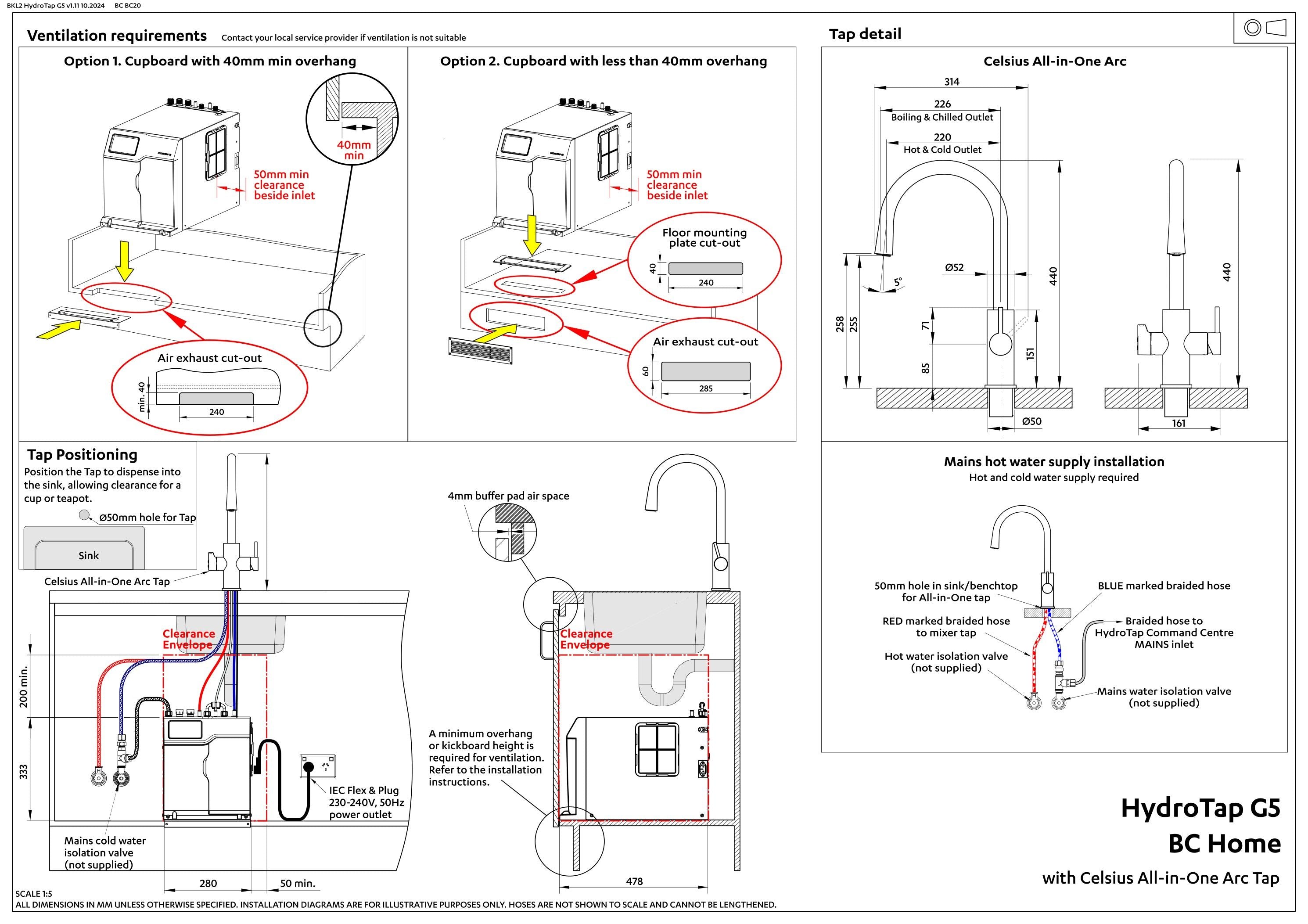 Zip Hydrotap G5 Celsius ARC All-In-One Boiling, Chilled, Hot & Ambient - Chrome H57784Z00AU — installation dimensions and clearances