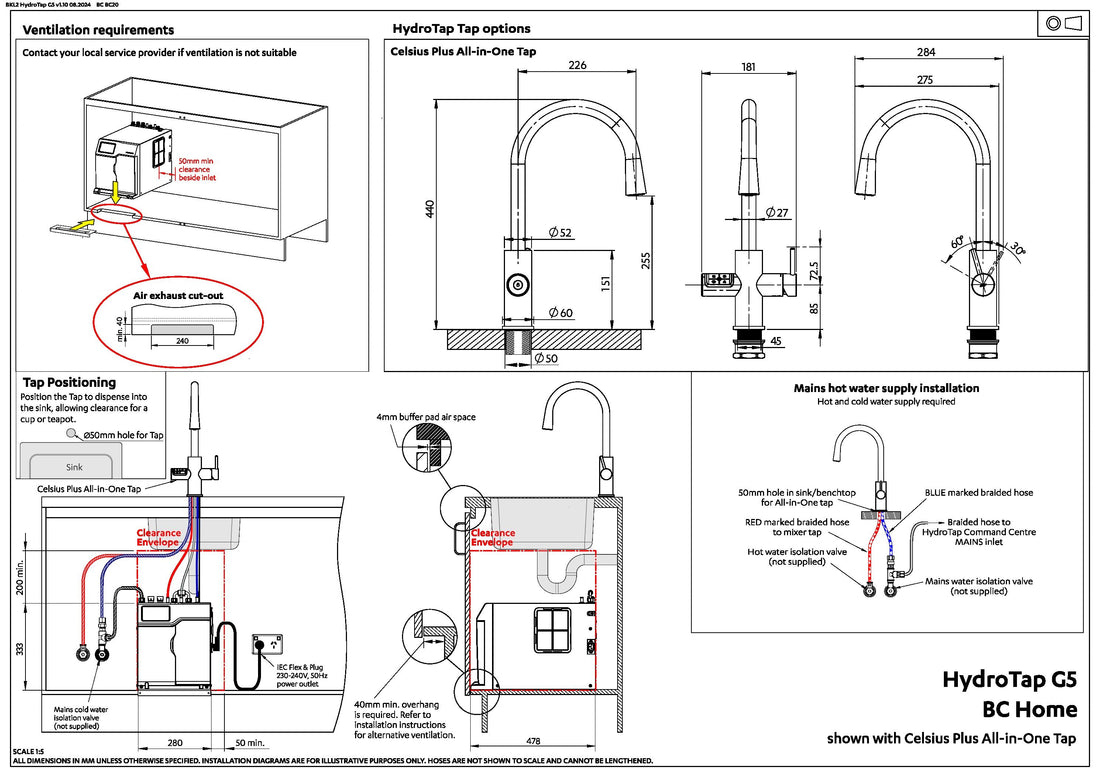 Zip HydroTap G5 Boiling, Chilled, Hot & Ambient Celsius Plus All-In-One - Brushed Gun Metal H5M784Z19AU installation layout and clearances