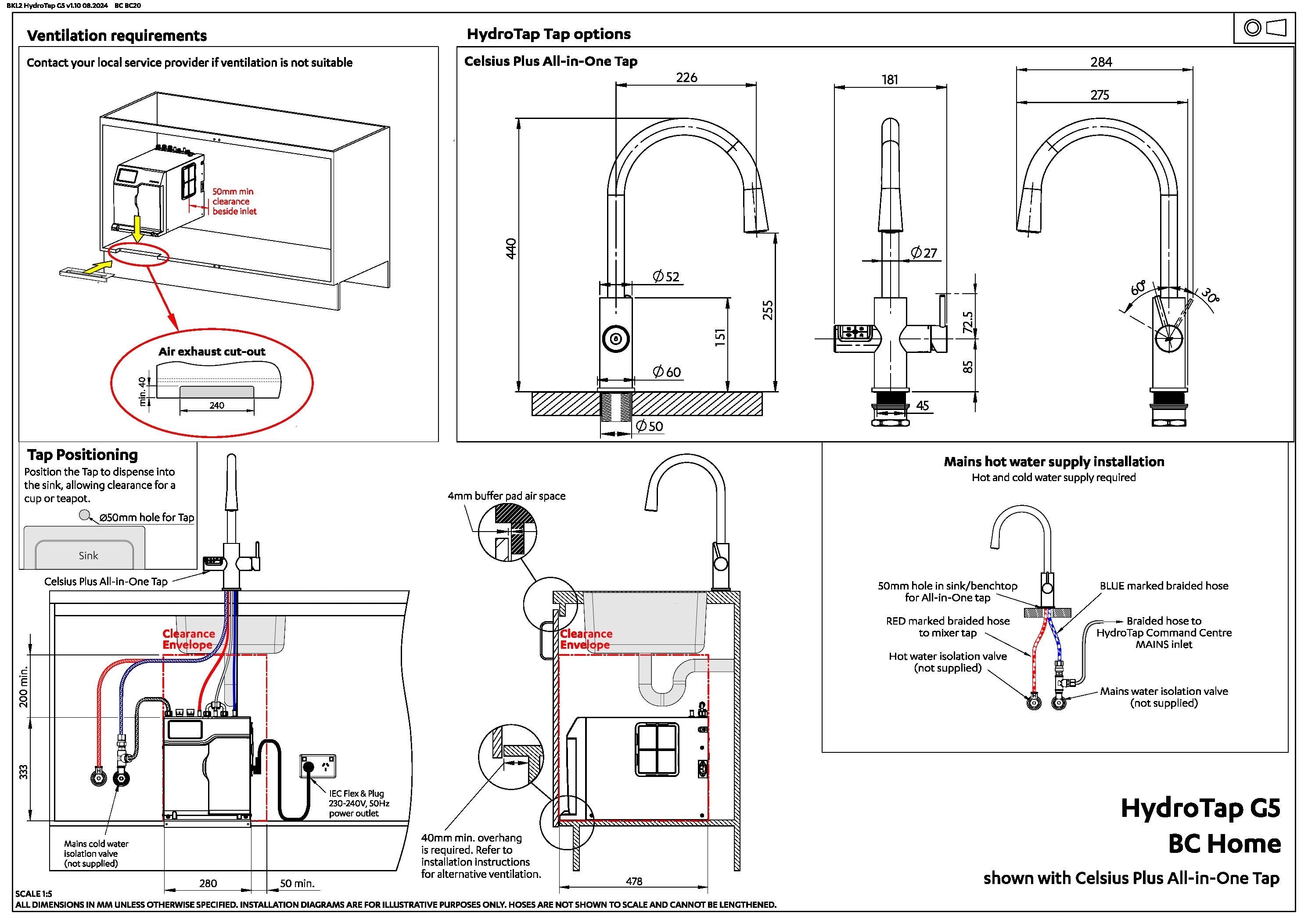 Zip HydroTap G5 Boiling, Chilled, Hot & Ambient Celsius Plus All-In-One - Brushed Gun Metal H5M784Z19AU — installation dimensions and clearances