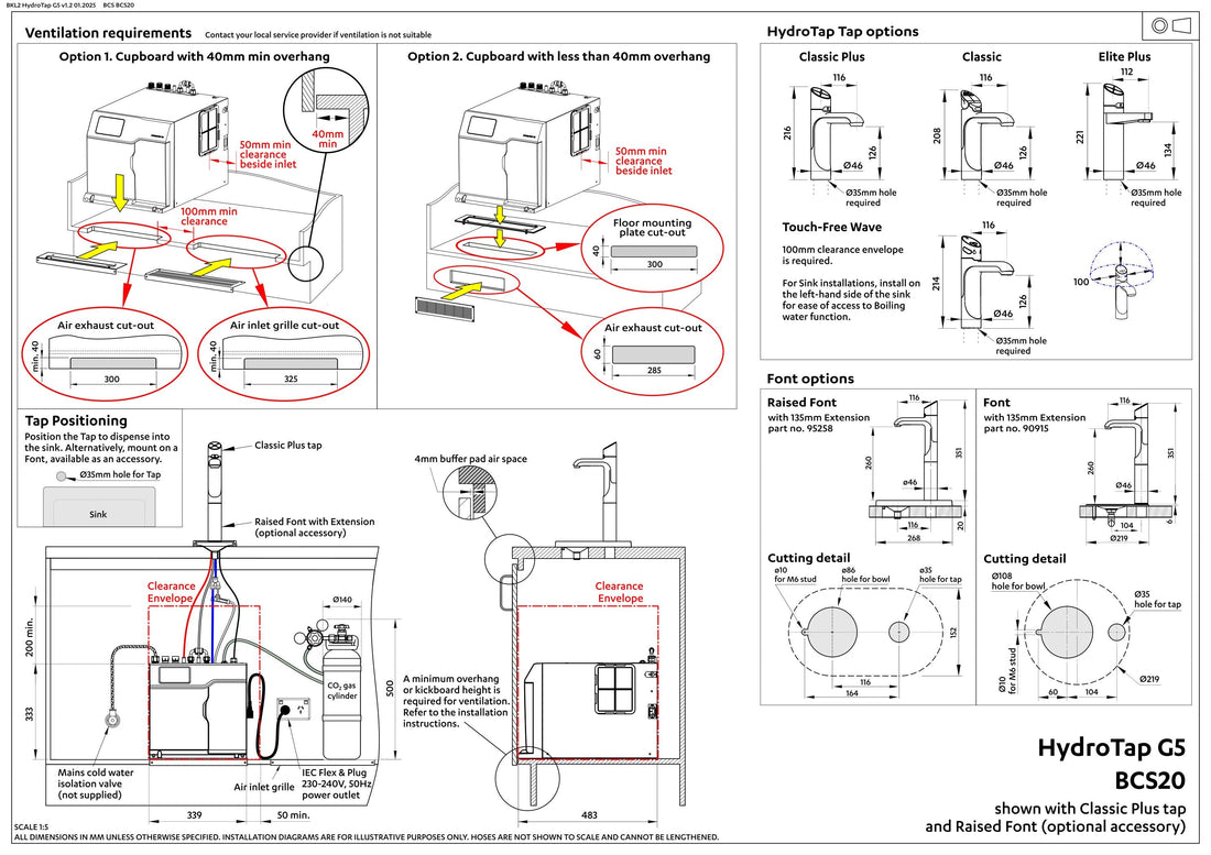 Zip Commercial HydroTap G5 Classic Plus Boiling, Chilled & Sparkling Tap 100/75 - Brushed Rose Gold H55760Z05AU installation layout and clearances