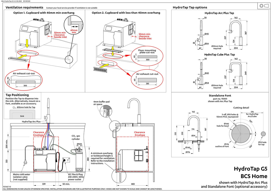 Zip Hydrotap G5 Arc Plus Boiling, Chilled, Sparkling - Brushed Gold H5L783Z07AU installation layout and clearances