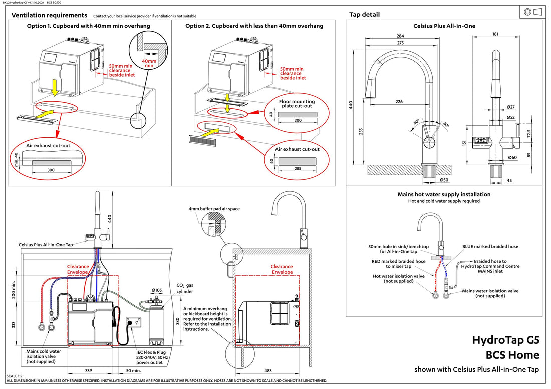 Zip HydroTap G5 Boiling, Chilled, Sparkling, Hot & Ambient Celsius Plus All-In-One - Chrome H5M783Z00AU installation layout and clearances