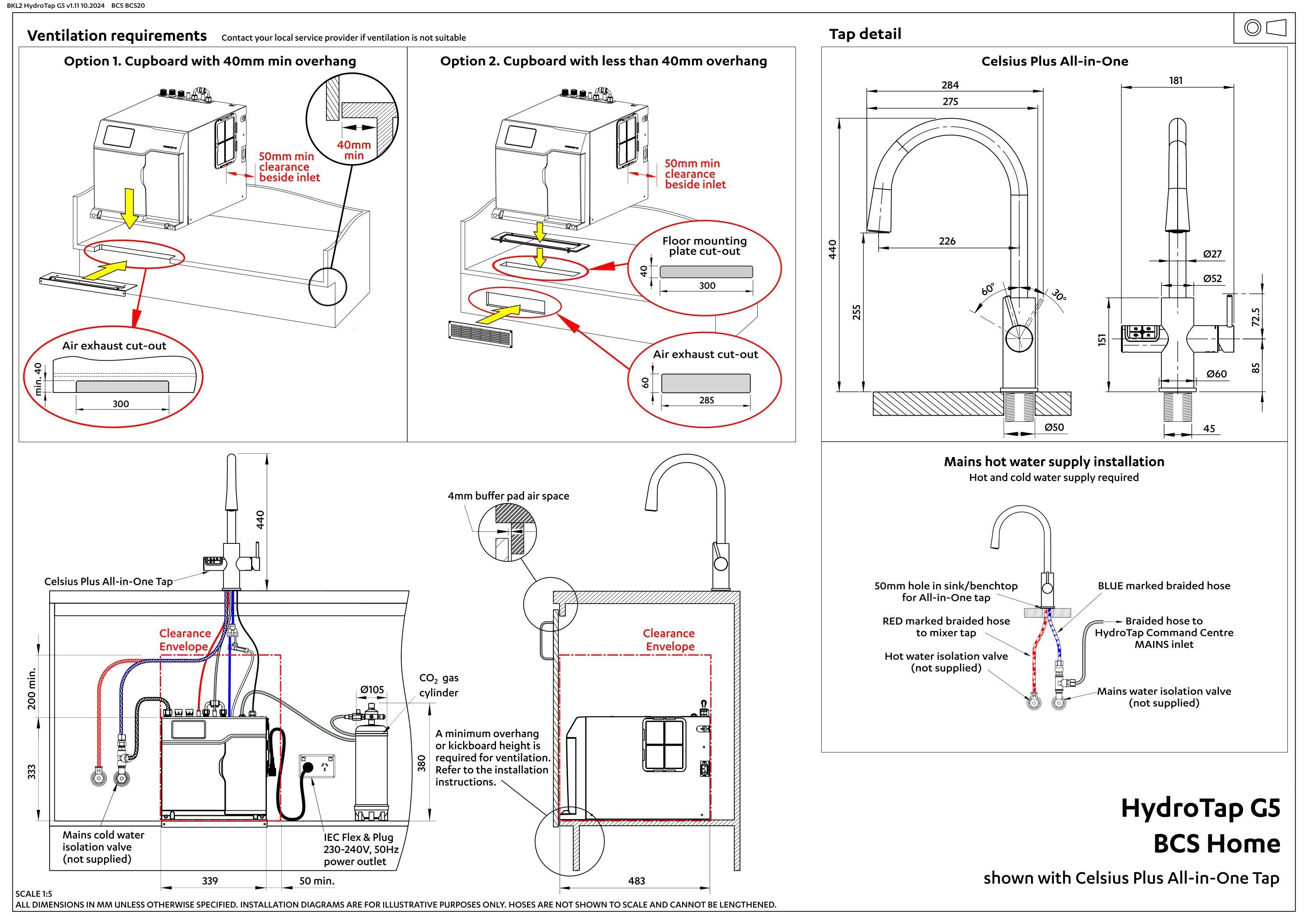Zip HydroTap G5 Boiling, Chilled, Sparkling, Hot & Ambient Celsius Plus All-In-One - Brushed Chrome H5M783Z01AU — installation dimensions and clearances
