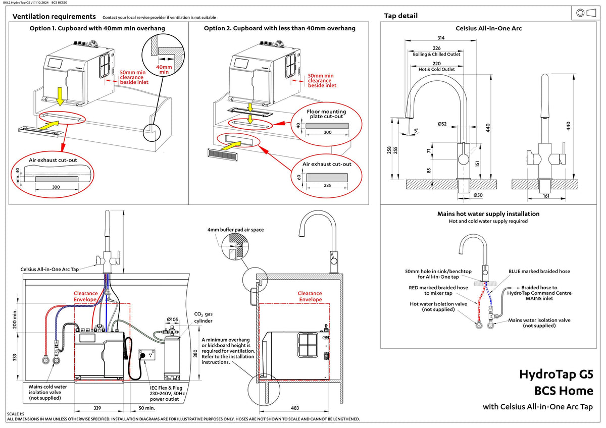 Zip Hydrotap G5 Celsius ARC Boiling, Chilled, Sparkling, Hot & Ambient - Brushed Gold H57783Z07AU — installation dimensions and clearances