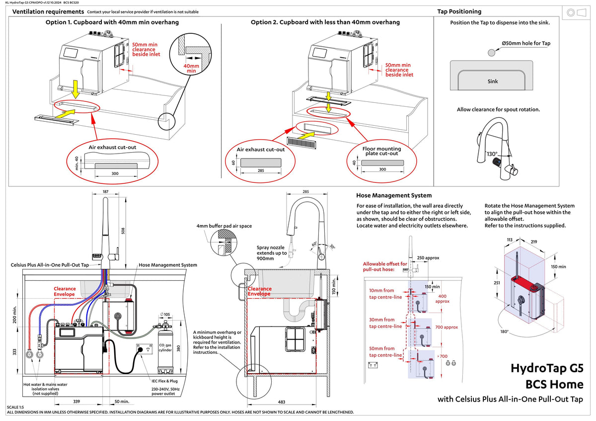 Zip HydroTap G5 BCSHA Celsius Plus All-In-One Pull Out - Chrome H5X783Z00AU — installation dimensions and clearances