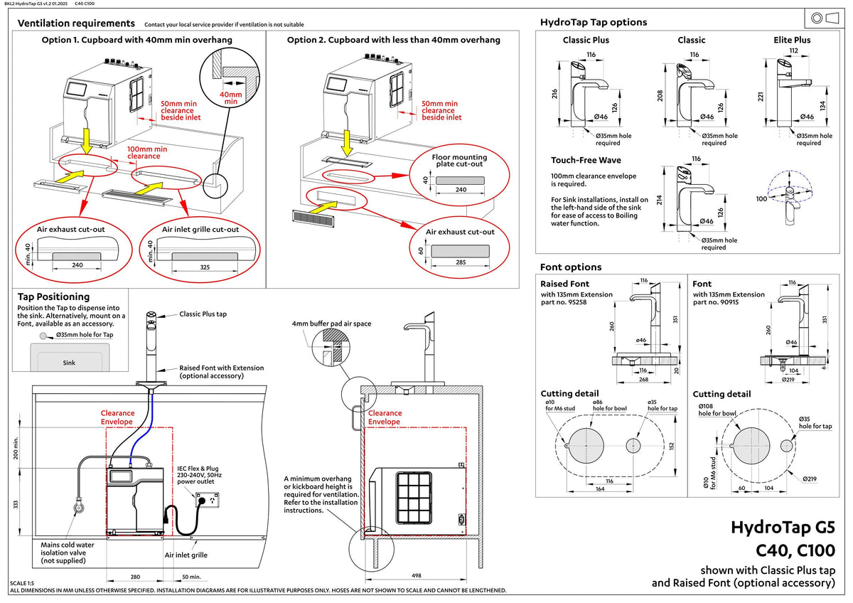Zip Commercial HydroTap G5 C40 Touch-Free Wave Chilled - Chrome H5W710Z00AU — installation dimensions and clearances