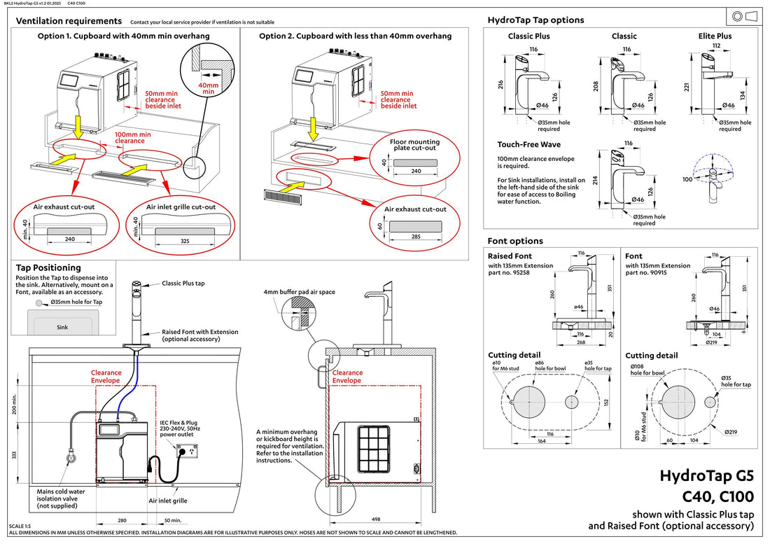 Zip Commercial HydroTap G5 C40 Touch-Free Wave Chilled - Matte Black H5W710Z03AU installation layout and clearances