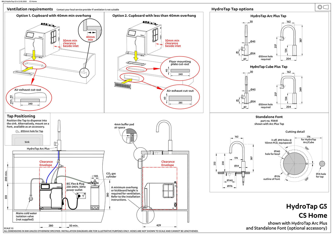Zip HydroTap G5 Chilled & Sparkling Arc Plus - Matte Black H5L787Z03AU installation layout and clearances