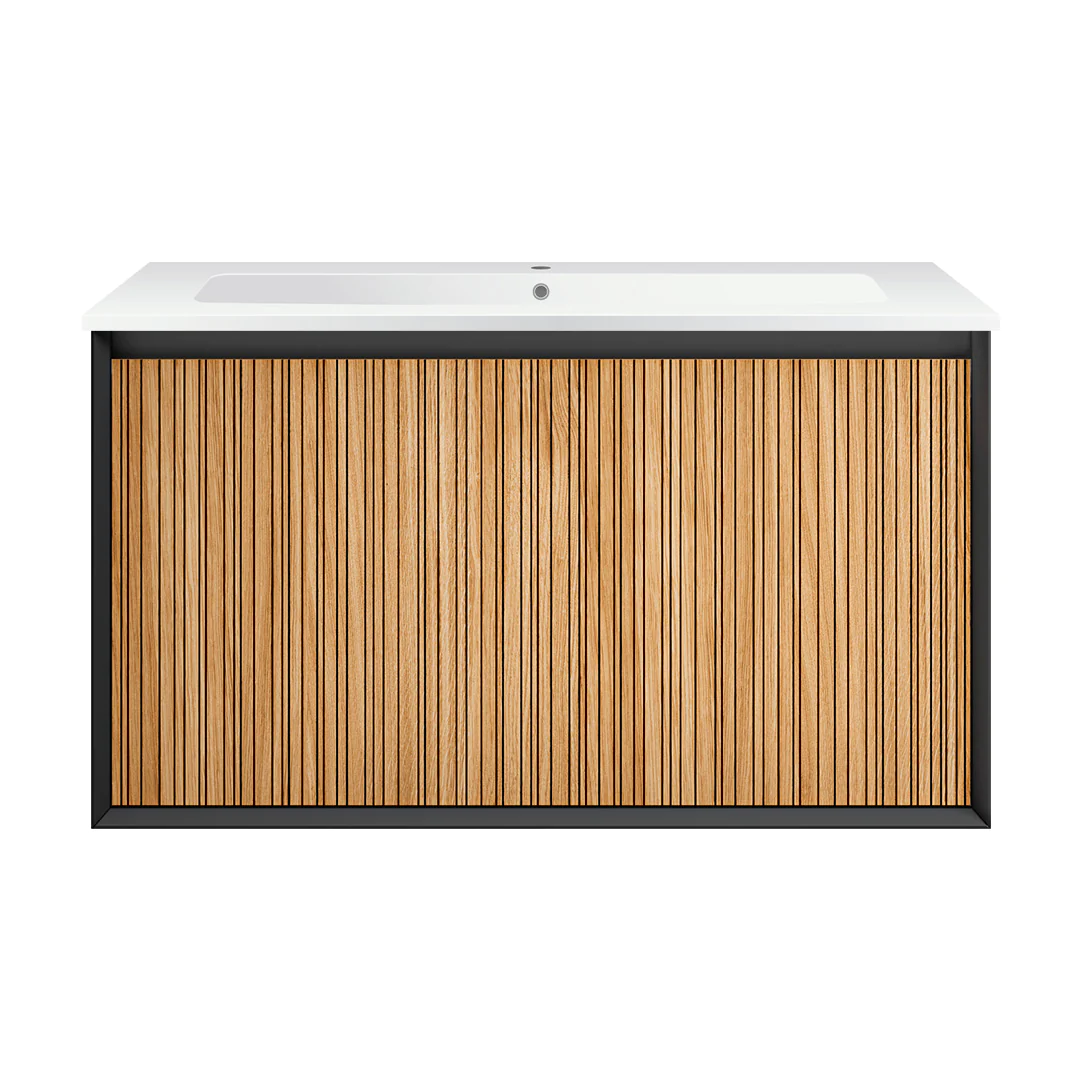 Parisi Jazz 900mm Wall Hung Matte Black Vanity - Rovere Naturale - JZ-900MB-RN