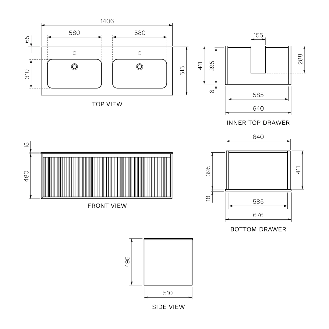 Parisi Jazz 1400mm Wall Hung Matte Black Vanity - Rovere Naturale - JZ-1400DMB-RN