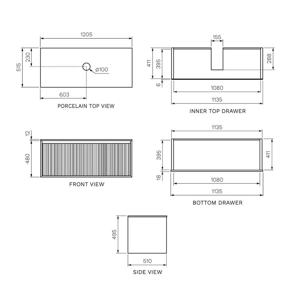 Parisi Jazz 1200 Wall Hung Vanity Walnut Naturale Matte Black with Italian Porcelain Top - Portland Hood - FV-JZ-1200MB-WN-PH