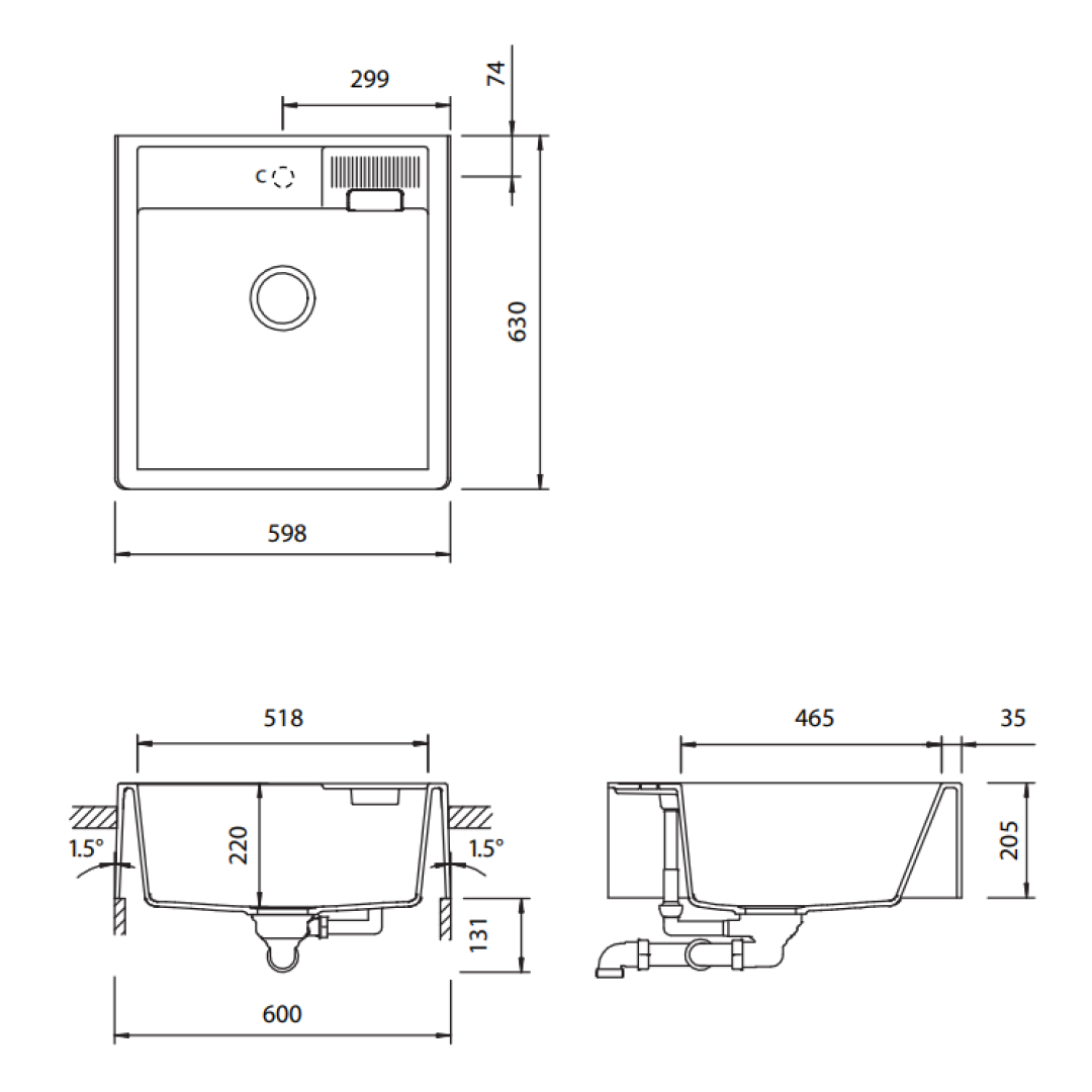 Abey Schock Kallio M-100 Single Bowl Sink 1TH - Day - KM-100D
