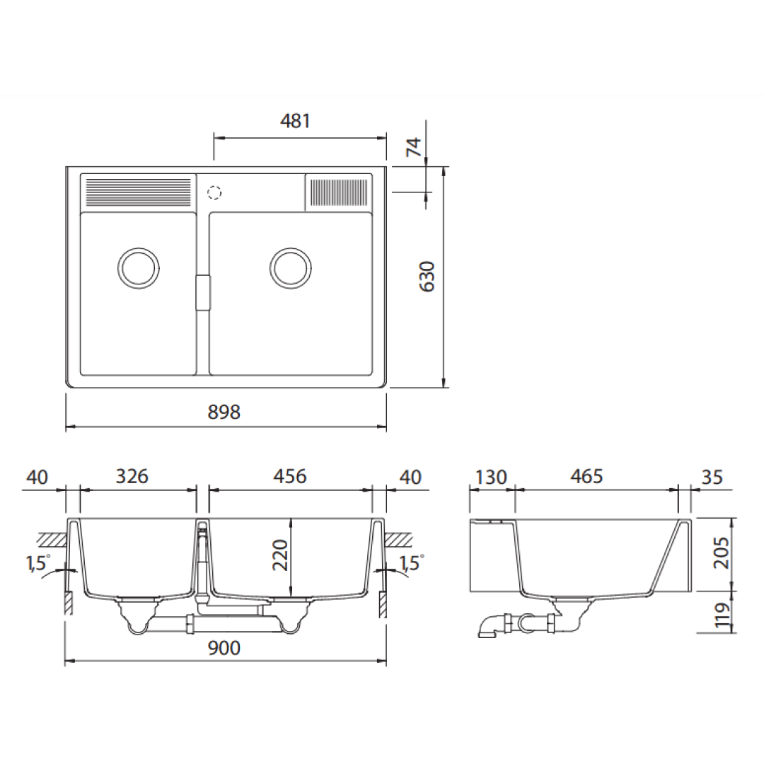 Abey Schock Kallio M-175 1 & 3/4 Bowl Sink 1TH - Day - KM-175D