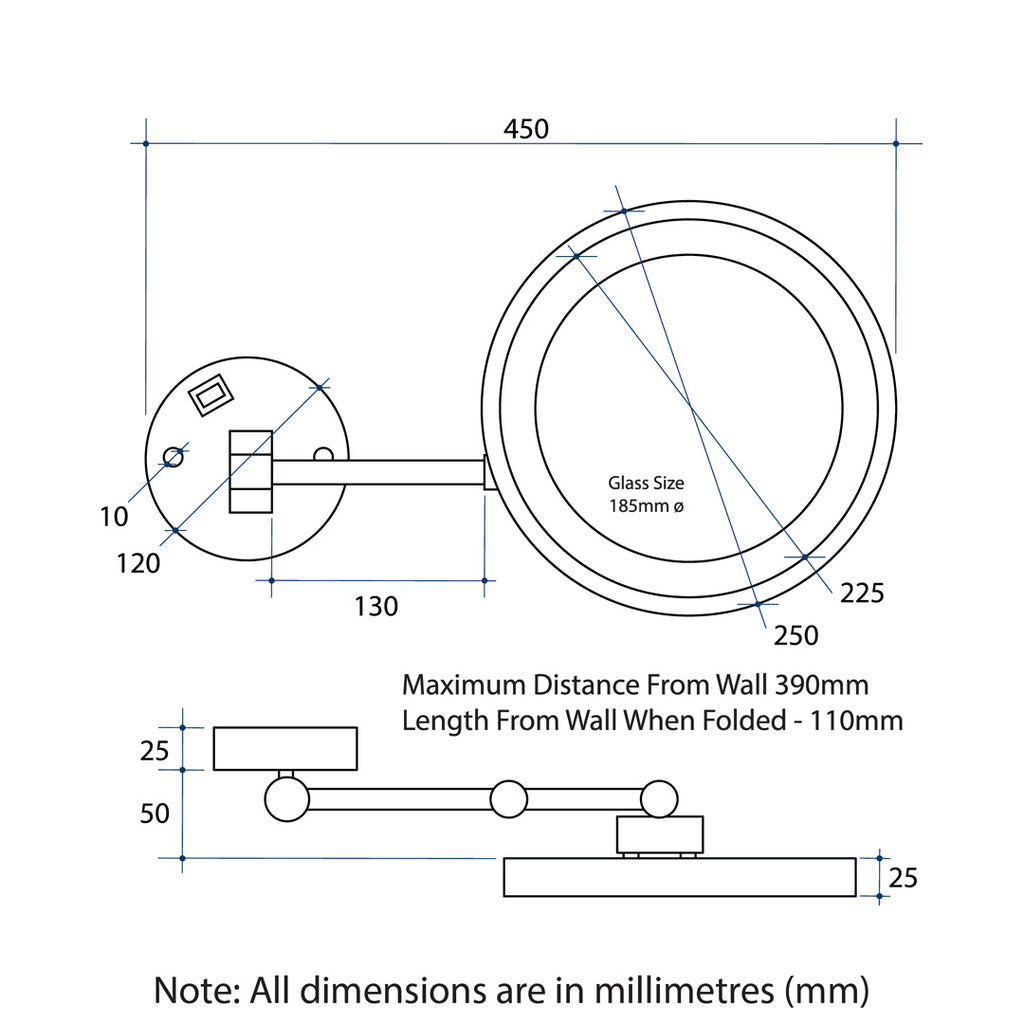 Thermogroup 3x Magnification Brushed Nickel Wall Mounted Shaving Mirror, 250mm Diameter with Concealed Wiring - L252CSMCBN