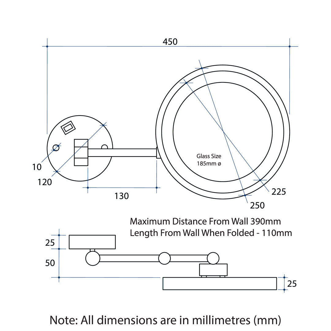 Thermogroup 3x Magnification Brushed Nickel Wall Mounted Shaving Mirror, 250mm Diameter with Concealed Wiring - L252CSMCBN