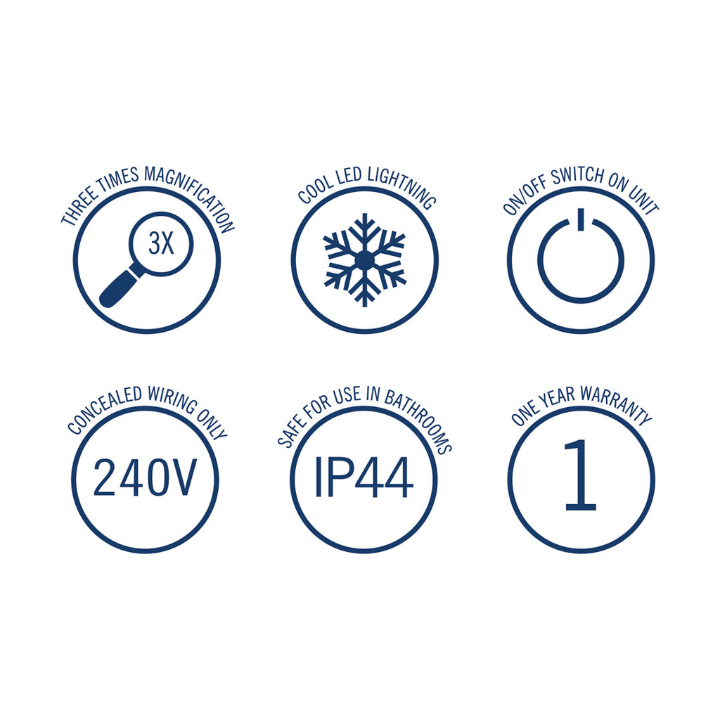 Thermogroup 3x Magnification Brushed Nickel Wall Mounted Shaving Mirror, 250mm Diameter with Concealed Wiring - L252CSMCBN