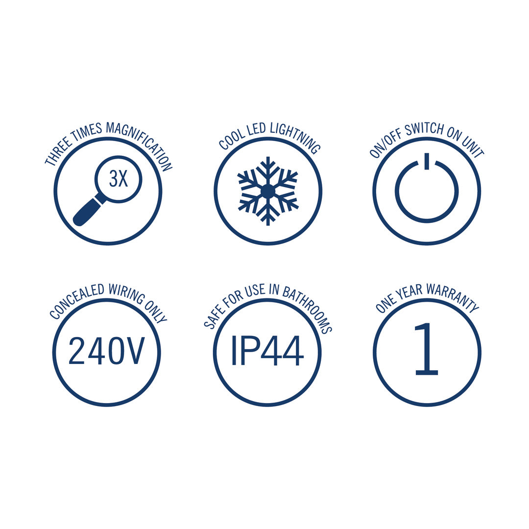 Thermogroup 3x Magnification Brushed Nickel Wall Mounted Shaving Mirror, 250mm Diameter with Concealed Wiring - L252CSMCBN