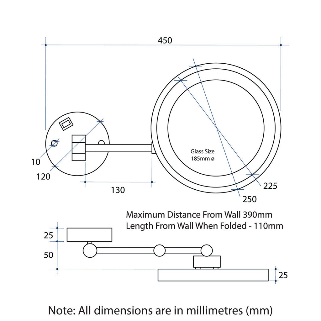 Thermogroup 5x Magnification Chrome Wall Mounted Shaving Mirror, 250mm Diameter with Exposed Wiring - L255CSME