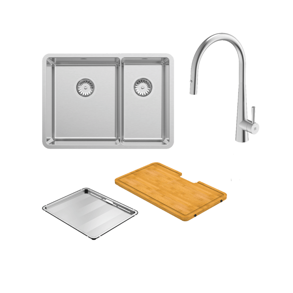 Abey Lucia Bowl & Three Quarter Sink With KTA014-BR Kitchen Mixer, Drain Tray & Cutting Board - LUA190T14