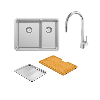 Abey Lucia Bowl & Three Quarter Sink With KTA014-BR Kitchen Mixer, Drain Tray & Cutting Board - LUA190T14