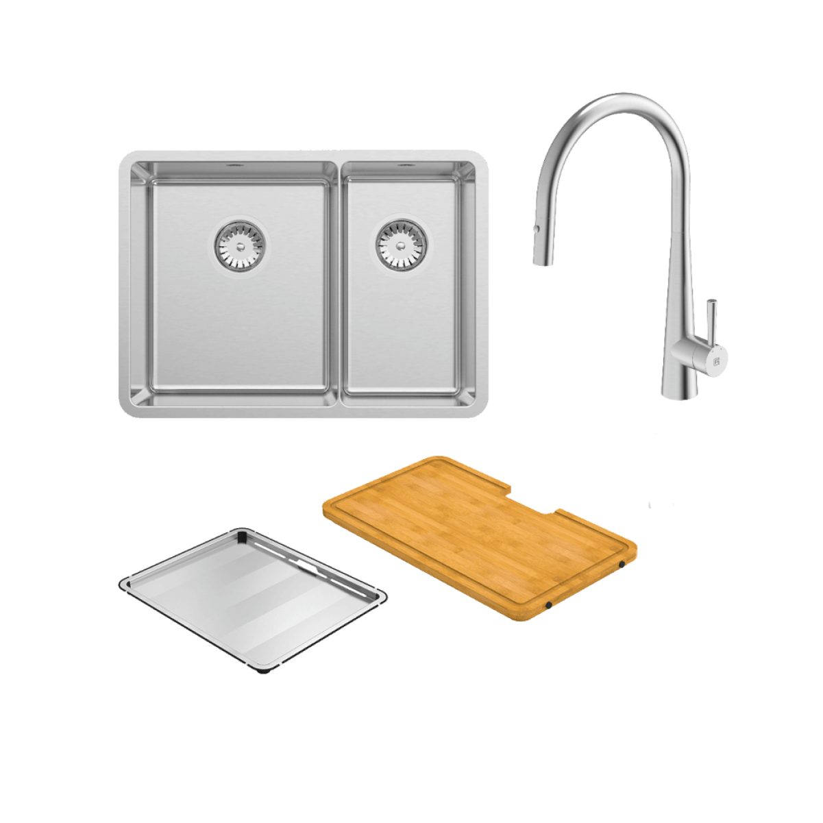 Abey Lucia Bowl & Three Quarter Sink With KTA014-BR Kitchen Mixer, Drain Tray & Cutting Board - LUA190T14