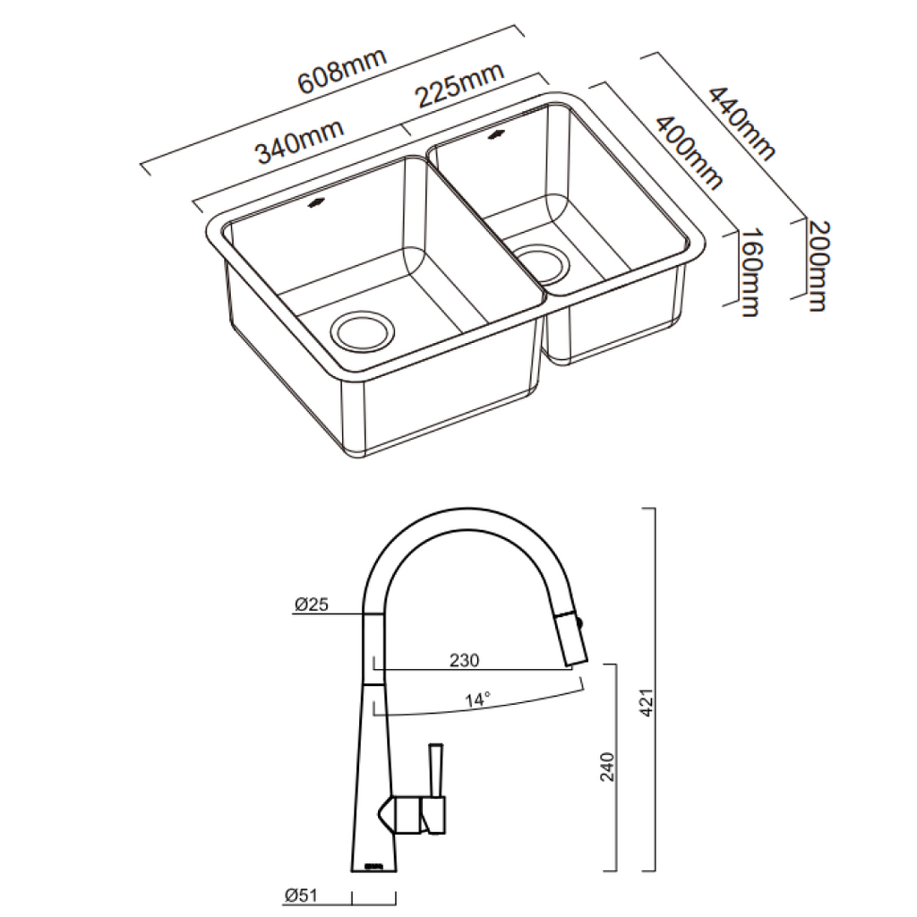 Abey Lucia Bowl & Three Quarter Sink With KTA014-BR Kitchen Mixer, Drain Tray & Cutting Board - LUA190T14