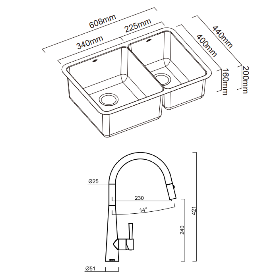 Abey Lucia Bowl & Three Quarter Sink With KTA014-BR Kitchen Mixer, Drain Tray & Cutting Board - LUA190T14