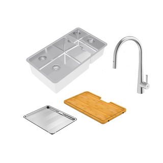 Abey Lucia LUA221 Bowl & Three Quarter Sink With KTA014-BR Kitchen Mixer, Drain Tray & Cutting Board - LUA221T14