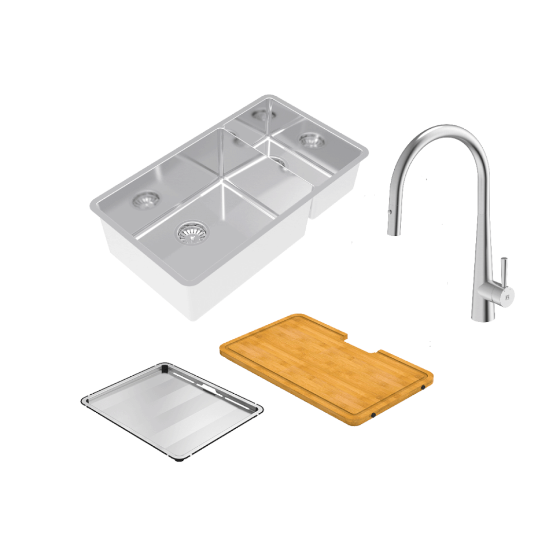 Abey Lucia LUA221 Bowl & Three Quarter Sink With KTA014-BR Kitchen Mixer, Drain Tray & Cutting Board - LUA221T14