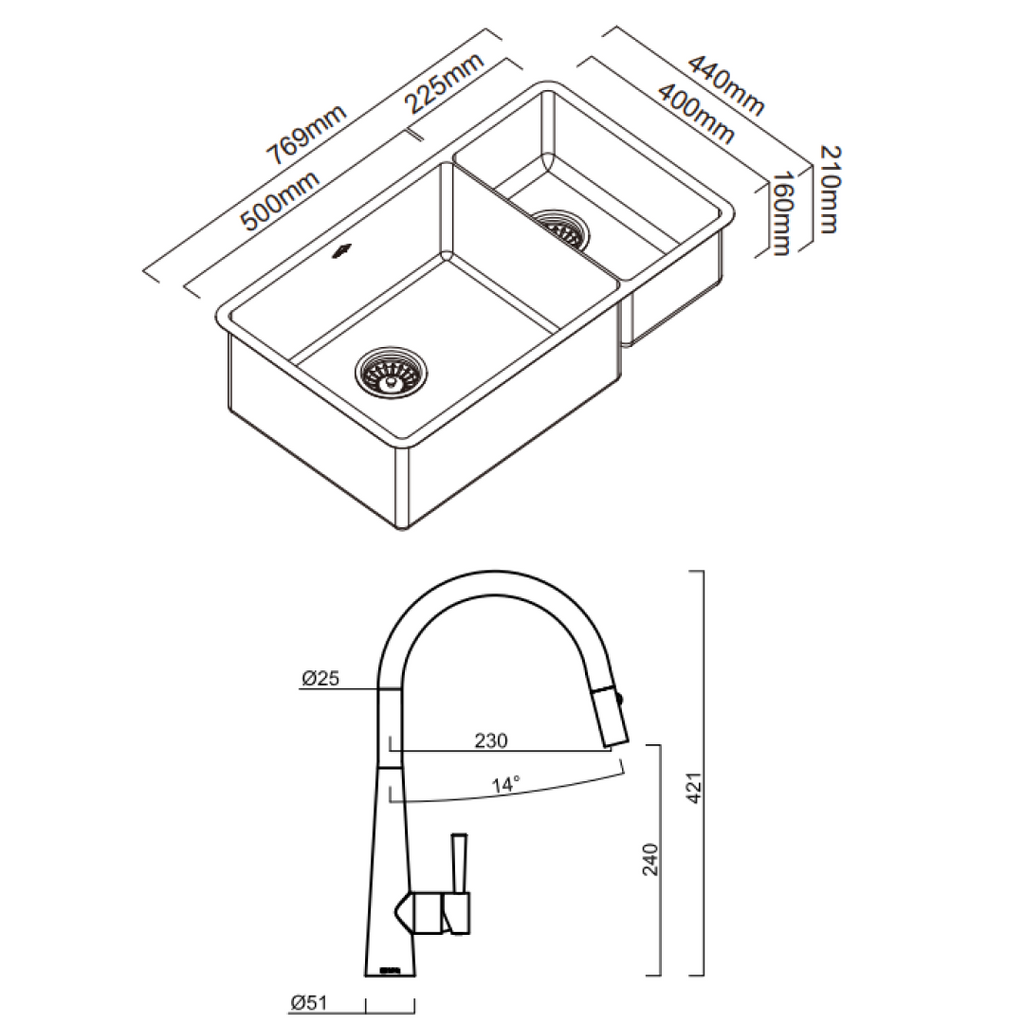Abey Lucia LUA221 Bowl & Three Quarter Sink With KTA014-BR Kitchen Mixer, Drain Tray & Cutting Board - LUA221T14