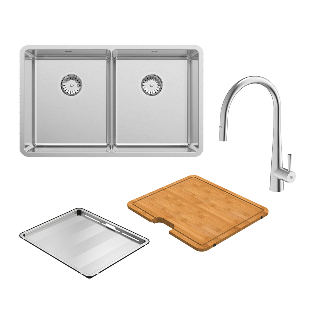 Abey Lucia Double Bowl with KTA014-BR Kitchen Mixer, Drain Tray & Cutting Board - LUA200T14