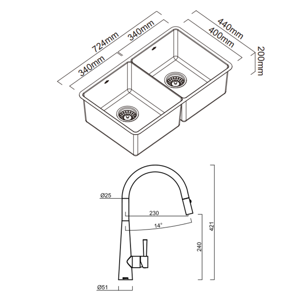Abey Lucia Double Bowl with KTA014-BR Kitchen Mixer, Drain Tray & Cutting Board - LUA200T14