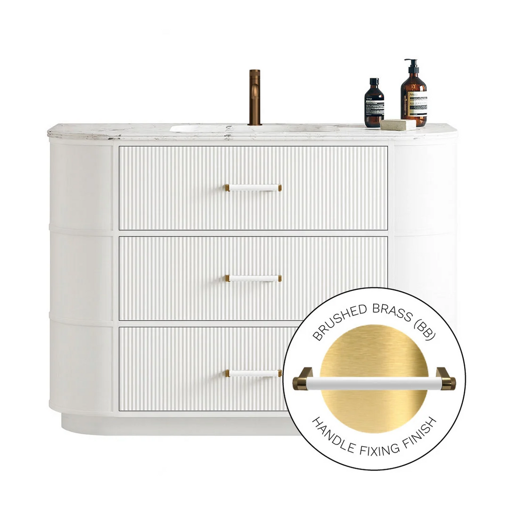 Parisi Moda 1200 Floorstanding Matte White Cabinet with Handles - Brushed Brass One Tap Hole