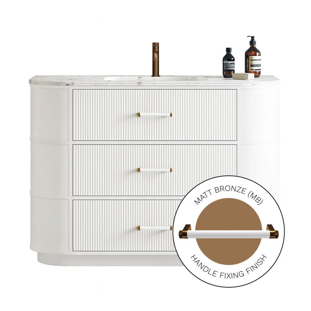 Parisi Moda 1200 Floorstanding Matte White Cabinet with Handles - Matte Bronze One Tap Hole