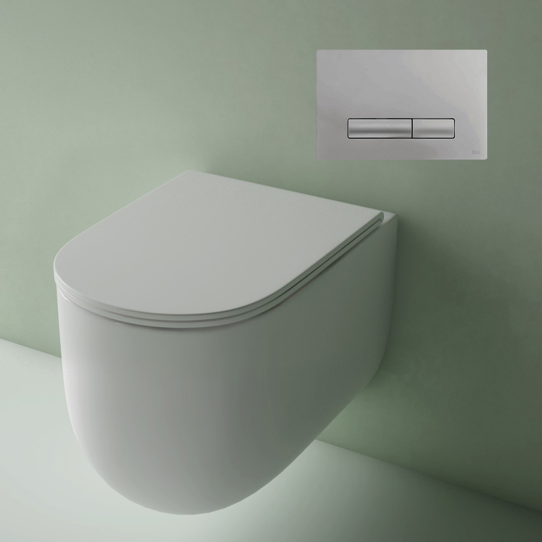 Studio Bagno Milady Gloss White Wall Hung Toilet Including Mechanical Expert Evo Low Level Under Bench Cistern & Satin Chrome Button - MIL003/002/MC + OL139186