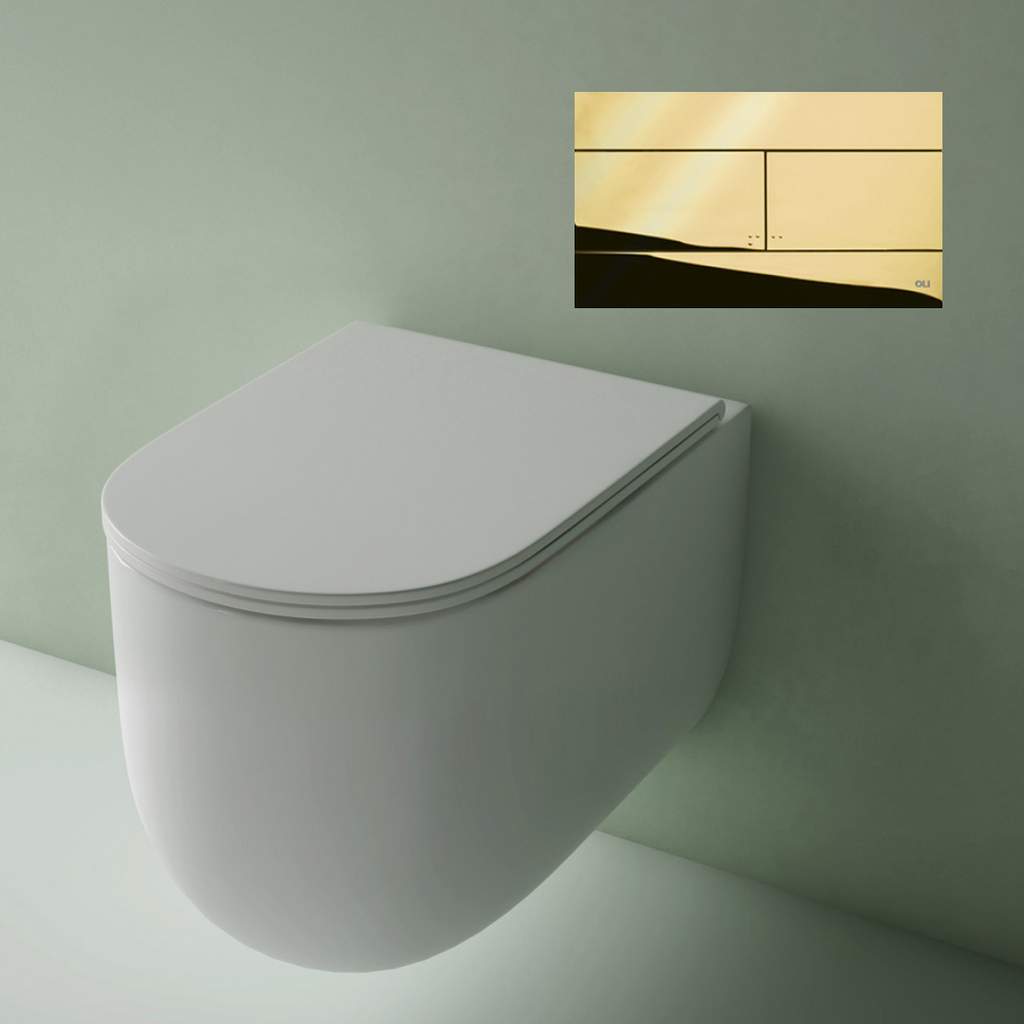 Studio Bagno Milady Gloss White Wall Hung Toilet Including Mechanical Expert Evo Low Level Under Bench Cistern & Gold Button - MIL003/002/MC + OL154962