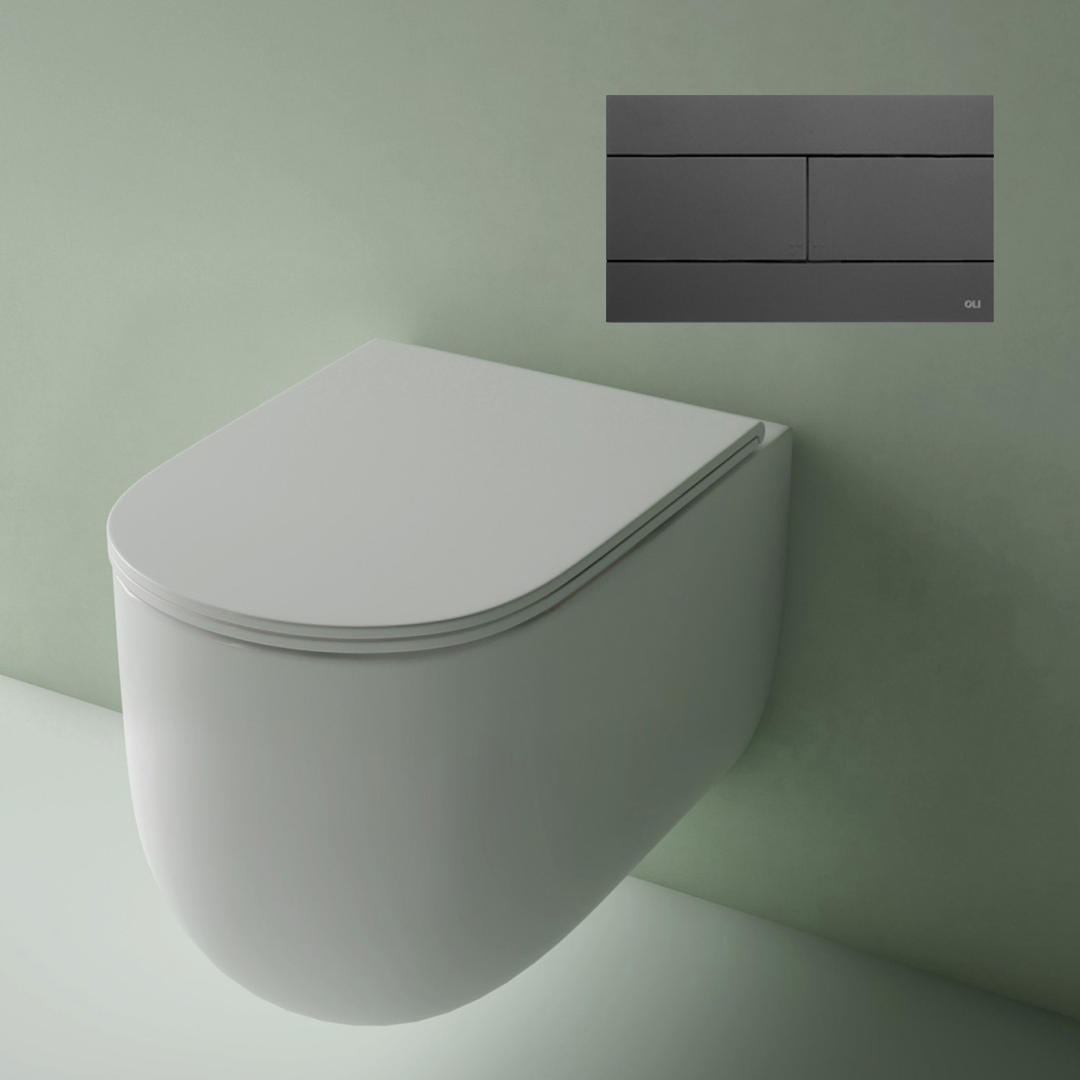 Studio Bagno Milady Gloss White Wall Hung Toilet Including Mechanical Expert Evo Low Level Under Bench Cistern & Grey Soft Touch Button - MIL003/002/MC + OL010216