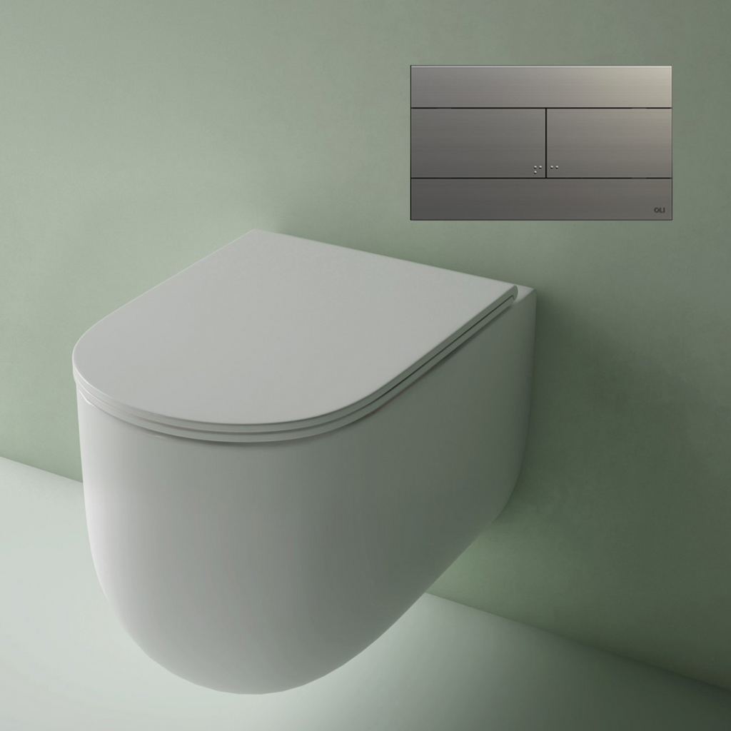 Studio Bagno Milady Gloss White Wall Hung Toilet Including Mechanical Expert Evo Low Level Under Bench Cistern & Brushed Stainless Steel Button - MIL003/002/MC + OL057141