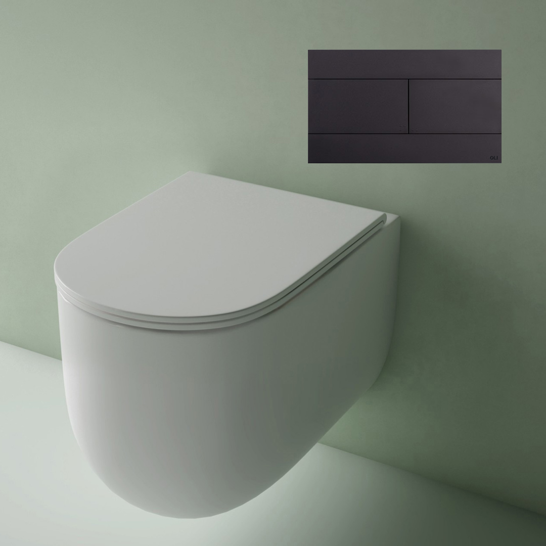 Studio Bagno Milady Gloss White Wall Hung Toilet Including Mechanical Expert Evo Low Level Under Bench Cistern & Matte Black Button - MIL003/002/MC + OL0659056
