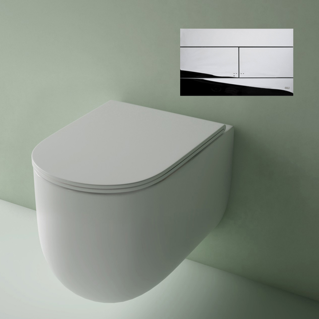 Studio Bagno Milady Gloss White Wall Hung Toilet Including Mechanical Expert Evo Low Level Under Bench Cistern & Polished Chrome Button - MIL003/002/MC + OL0659044