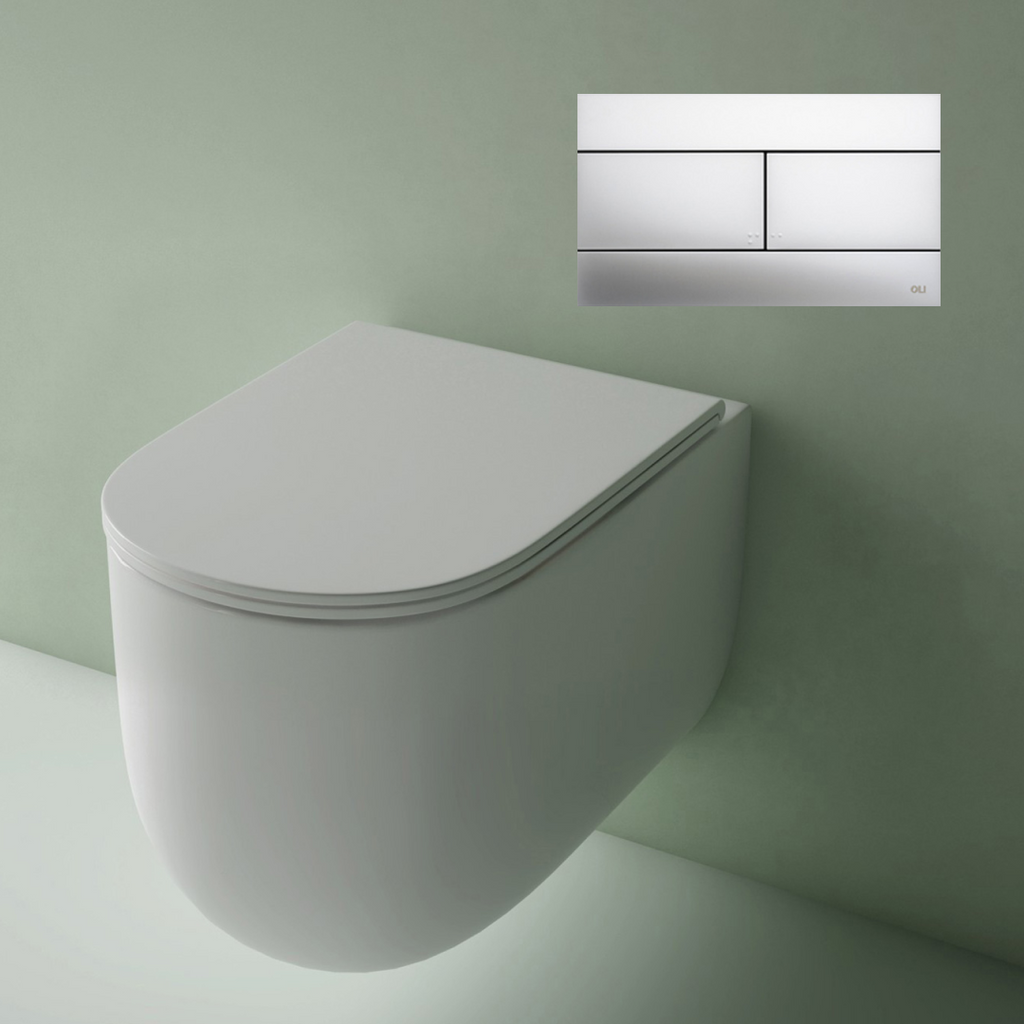 Studio Bagno Milady Gloss White Wall Hung Toilet Including Mechanical Oli 74 In Wall Cistern & Satin Chrome Button - MIL003/001/MC + OL0659046