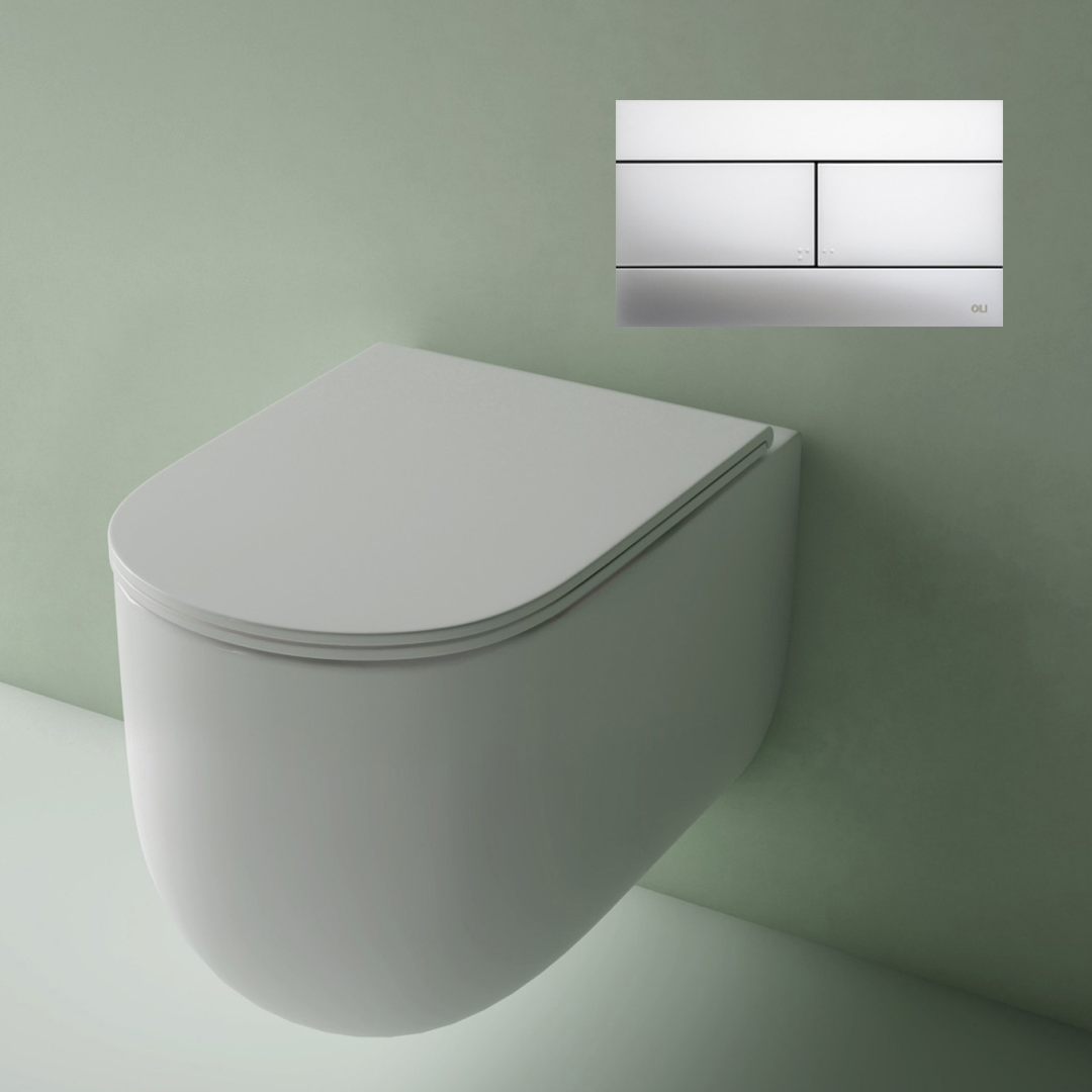 Studio Bagno Milady Gloss White Wall Hung Toilet Including Mechanical Expert Evo Low Level Under Bench Cistern & Satin Chrome Button - MIL003/002/MC + OL0659046