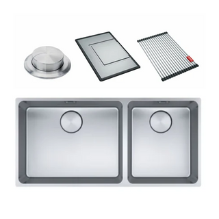 Franke Mythos MYX220-50/34FPCSBR 1 & 1/2 Bowl 3 Way Install - (Includes Extension Drainer, Rollamat & Remote Waste) - MYX22050/34FPCSBR