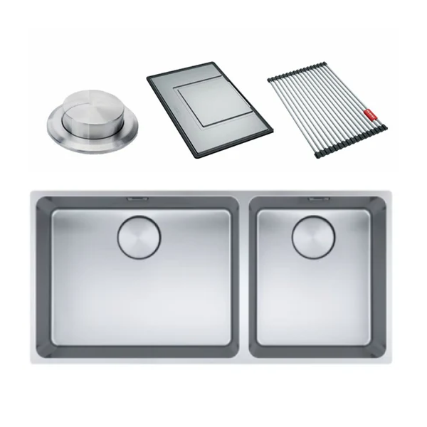 Franke Mythos MYX220-50/34FPCSBR 1 & 1/2 Bowl 3 Way Install - (Includes Extension Drainer, Rollamat & Remote Waste) - MYX22050/34FPCSBR