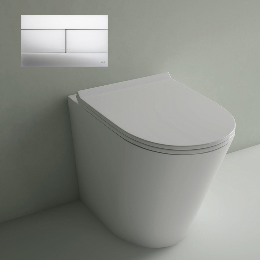 Studio Bagno Manhattan Matte White Wall Faced Pan Including OLI 74 (Mechanical) Cistern & Button - Satin Chrome Button - MAN002/MW + 601602/MC + OL0659046